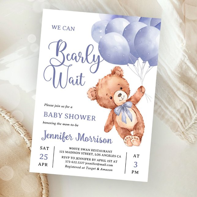 Vi Kan Knappast Vänta Pojk Blå Nalle Babyshower Inbjudningar (Skapare uppladdad)