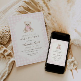 Vi Kan Knappast Vänta Rosa Rutig Teddybjörn Baby Inbjudningar