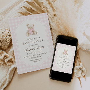 Vi Kan Knappast Vänta Rosa Rutig Teddybjörn Baby Inbjudningar