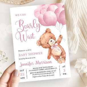 Vi Kan Knappast Vänta Rosa Teddybjörn Bebis Shower Inbjudningar