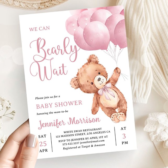 Vi Kan Knappast Vänta Rosa Teddybjörn Bebis Shower Inbjudningar (Skapare uppladdad)