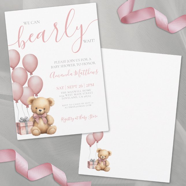 Vi Kan Knappast Vänta Tjej Rosa Björn Bebis Bjudni Inbjudningar (We Can Bearly Wait Girl Pink Bear Baby Shower Invitation)
