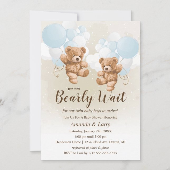 Vi Kan Knappast Vänta Tvillingpojkar Baby Shower Inbjudningar (Framsida)