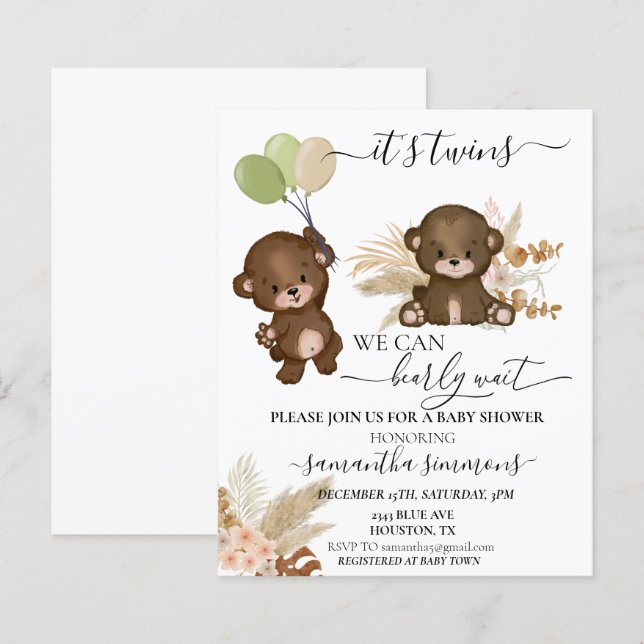 Vi kan knappt vänta Baby Shower Björn Tvillingar (Fram/baksida)