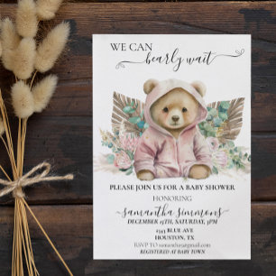 Vi kan knappt vänta Baby Shower Rosa Boho Björn Inbjudningar
