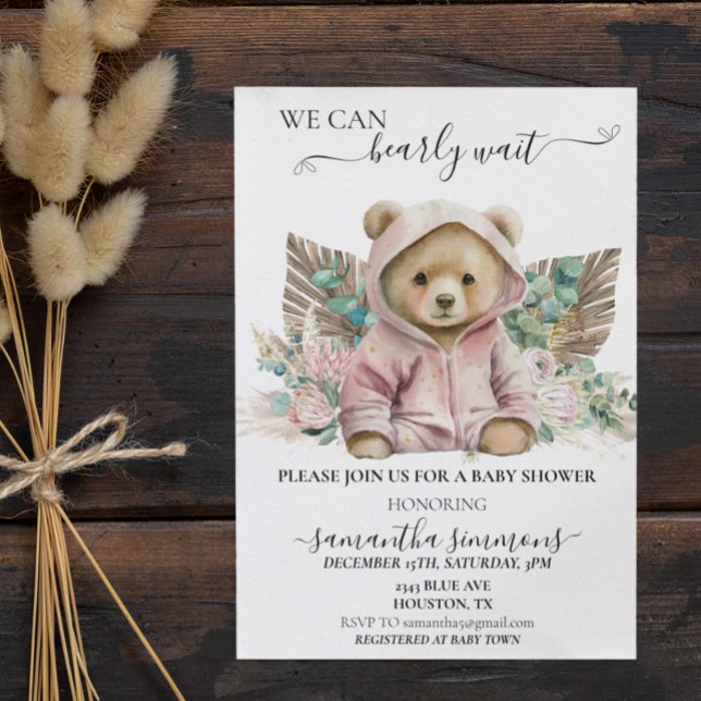 Vi kan knappt vänta Baby Shower Rosa Boho Björn Inbjudningar (Skapare uppladdad)