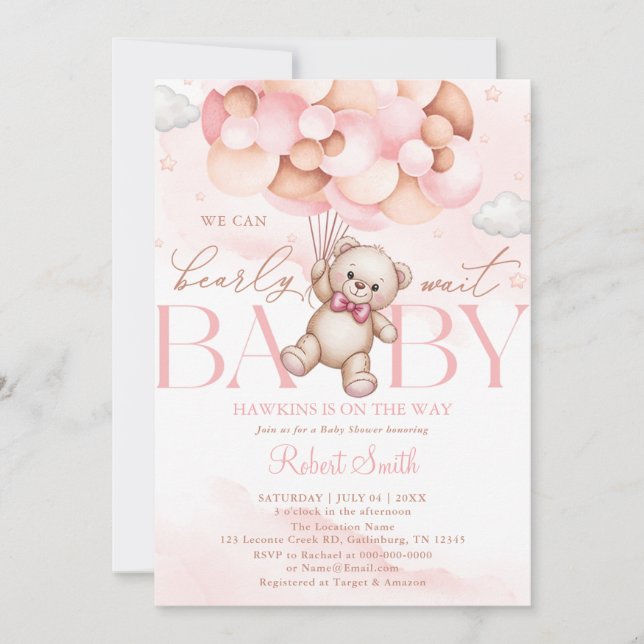 Vi kan knappt vänta ballong björn baby shower inbjudningar (Framsida)