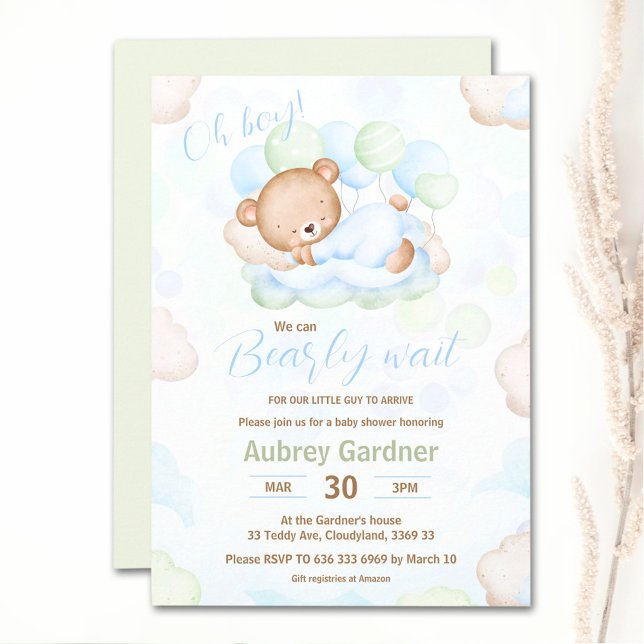 Vi kan knappt vänta Björn Blå Grön Pojke Babykalas Inbjudningar (We Can Bearly Wait Bear Blue Green Boy Baby Shower Invitation)