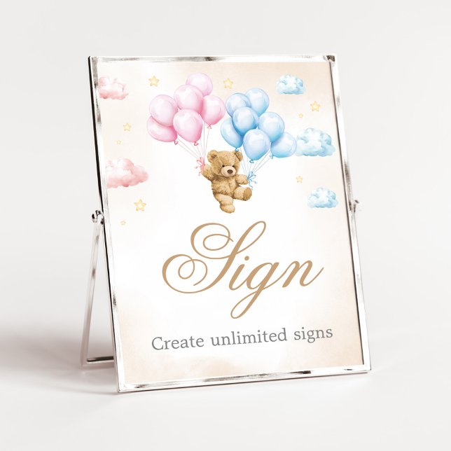 Vi kan knappt vänta Björn Könsutlysningsskylt Poster (Bear Balloon He or She Gender Reveal Custom Sign)