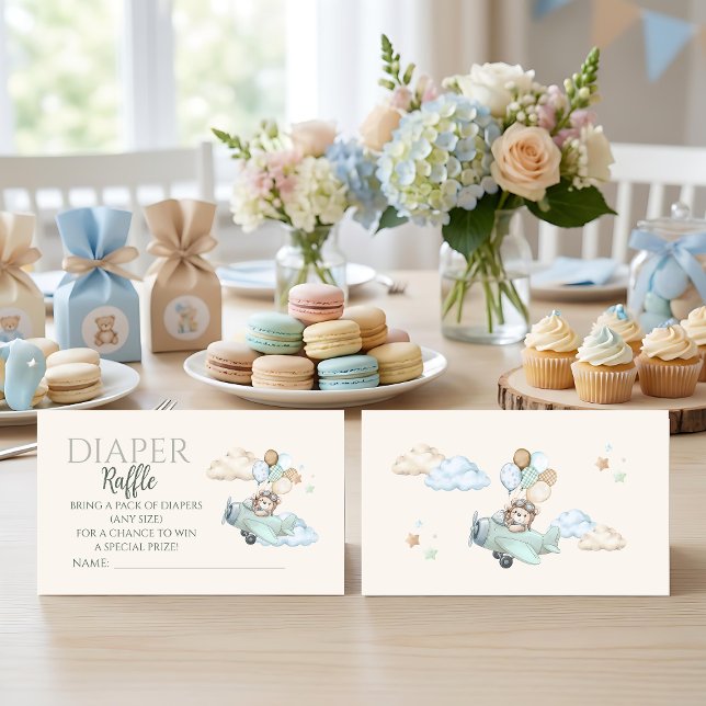 Vi kan knappt vänta Björn Luftplans Diaper-Lottter Tilläggskort (Aviator Teddy Bear Baby Shower Diaper Raffle Card. Blue Boy Airplane Game. We Can Bearly Wait.)