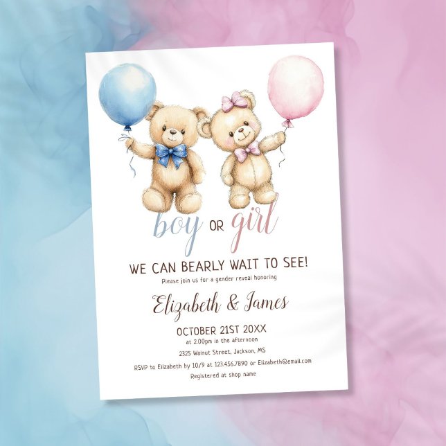 Vi kan knappt vänta Björnballong Könsreveleation Inbjudningar (We Can Bearly Wait Bear Balloon Gender Reveal Invitation)