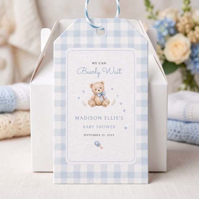 Vi kan knappt vänta Blå akvarellbjörn Presentetikett (We Can Bearly Wait Blue Watercolor Bear Gift Tags)
