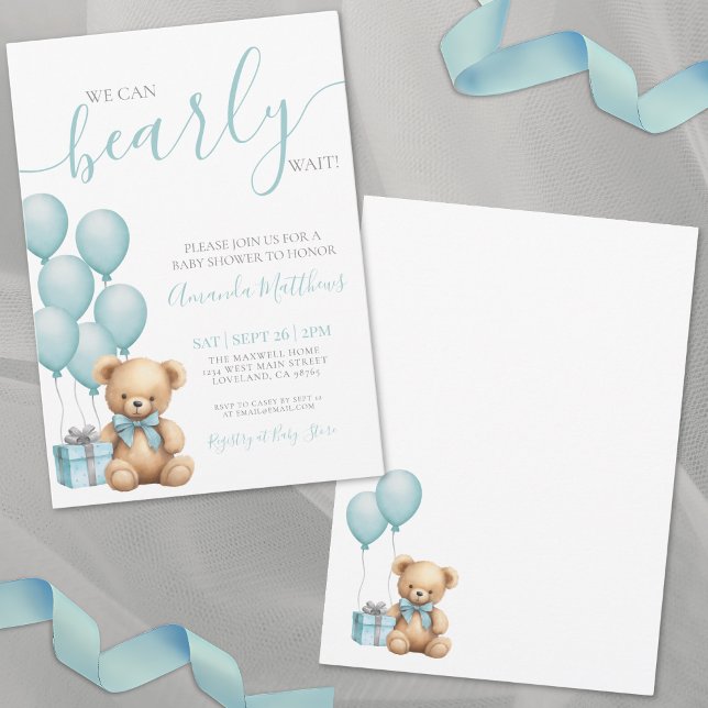Vi kan knappt vänta Blå babyfirande Inbjudningar (We Can Bearly Wait Boy Baby Shower Invitation)