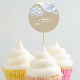 Vi kan knappt vänta blå ballong cupcake toppar runt klistermärke