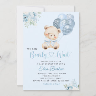 Vi kan knappt vänta Blå ballong pojke Baby Shower Inbjudningar