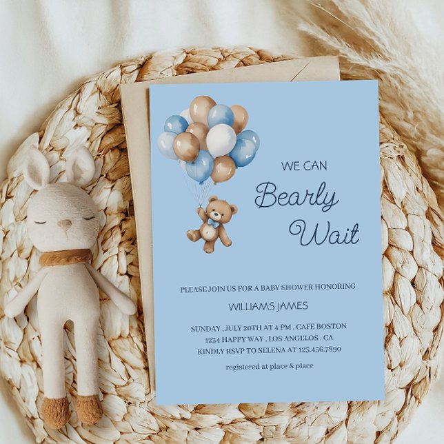 Vi kan knappt vänta - Blå och brun teddybjörn  Inbjudningar (Skapare uppladdad)