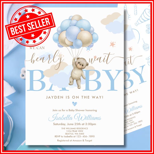 Vi kan knappt vänta Blå pojke babyfirande Inbjudningar (Skapare uppladdad)