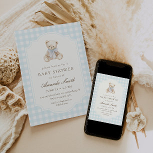 Vi kan knappt vänta Blå Rutig Teddybjörn Baby Inbjudningar