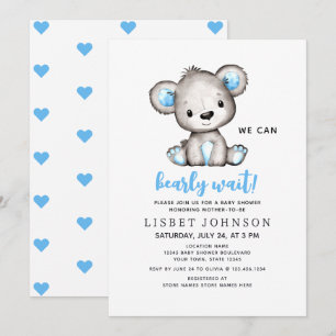 Vi kan knappt vänta Blå teddybjörn Bebis-babyshowe Inbjudningar