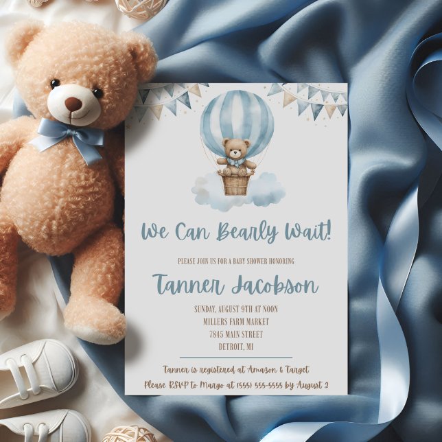 Vi kan knappt vänta! Blå teddybjörn bebisshower Inbjudningar (Skapare uppladdad)