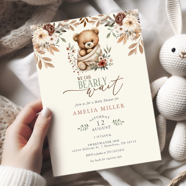 Vi kan knappt vänta Boho Blommig Bebis Shower Inbjudningar (We Can Bearly Wait Boho Teddy Bear Floral Baby Shower Invitation)