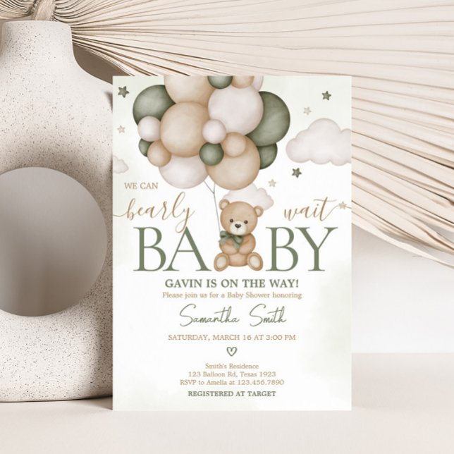 Vi kan knappt vänta Grön Boho Baby Shower Inbjudningar (Green Boho Teddy Bear Baby Shower Invitation )