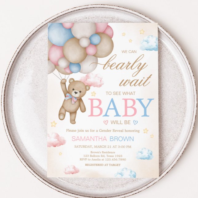 Vi kan knappt vänta Könsbestämning  Inbjudningar (Bear Balloon He or She Gender Reveal Invitation)