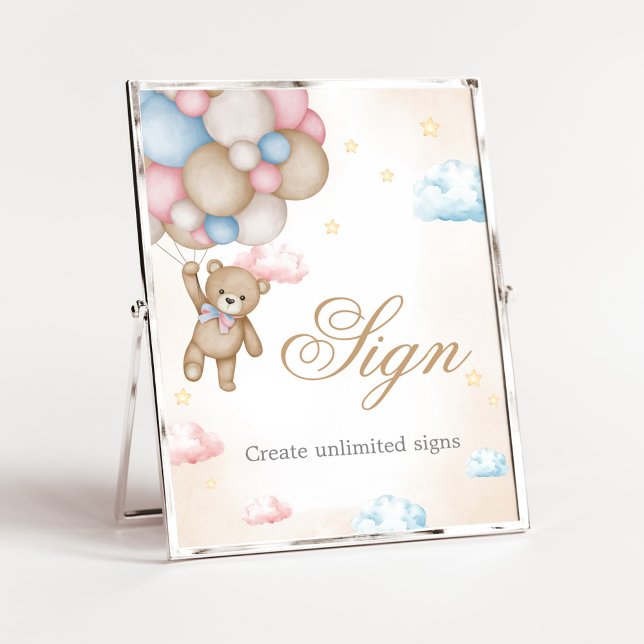 Vi kan knappt vänta Könsbestämningsskylt Poster (Bear Balloon He or She Gender Reveal Custom Sign)