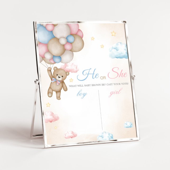 Vi kan knappt vänta Könsbestämningsskylt Poster (Bear Balloon He or She Gender Reveal Voting Sign)