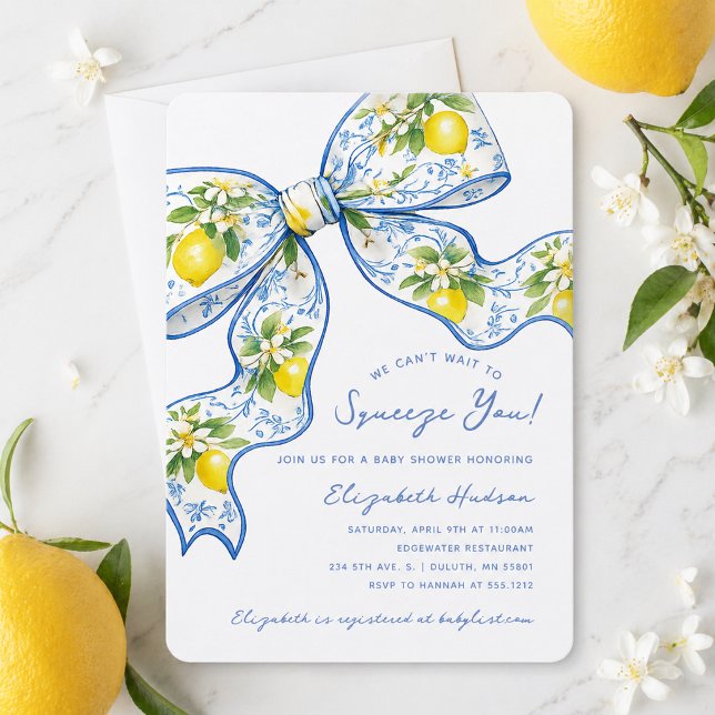 Vi kan knappt vänta på att krama dig Lemon Bow Bab Inbjudningar (We Can't Wait to Squeeze You Lemon Bow Baby Shower Invitation)