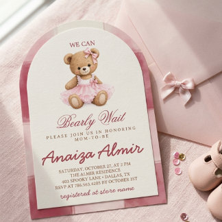 Vi kan knappt vänta på rosa teddybjörn bebisfest inbjudningar