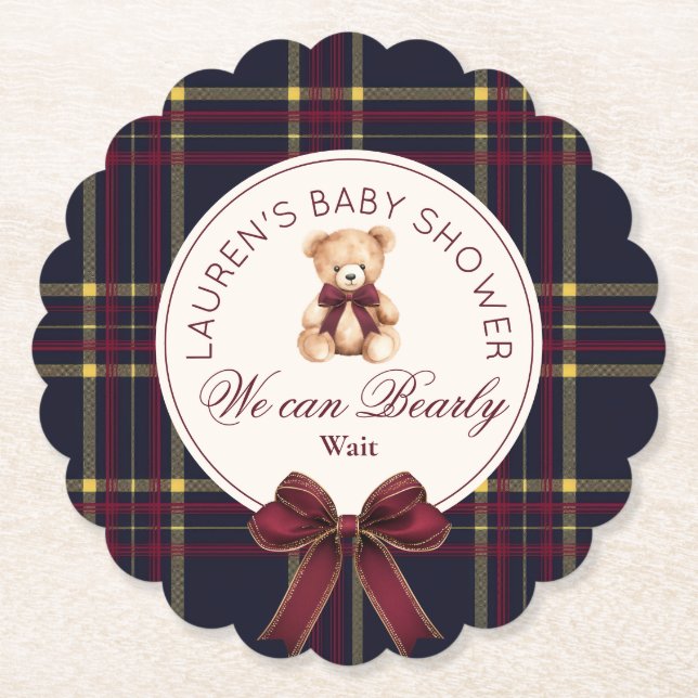 Vi kan knappt vänta Plaid nalle Babyshower Underlägg Papper (Framsida)