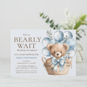 Vi kan knappt vänta Pojkbjörn i korg Baby Shower Inbjudningar