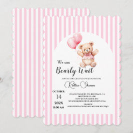 Vi kan knappt vänta rosa randig baby shower inbjudningar
