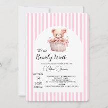 Vi kan knappt vänta rosa randig baby shower