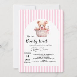 Vi kan knappt vänta rosa randig baby shower inbjudningar