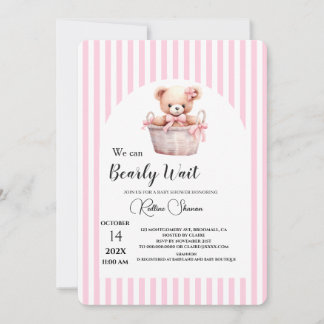 Vi kan knappt vänta rosa randig baby shower inbjudningar