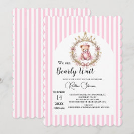 Vi kan knappt vänta rosa randig baby shower inbjudningar