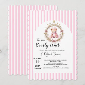 Vi kan knappt vänta rosa randig baby shower inbjudningar