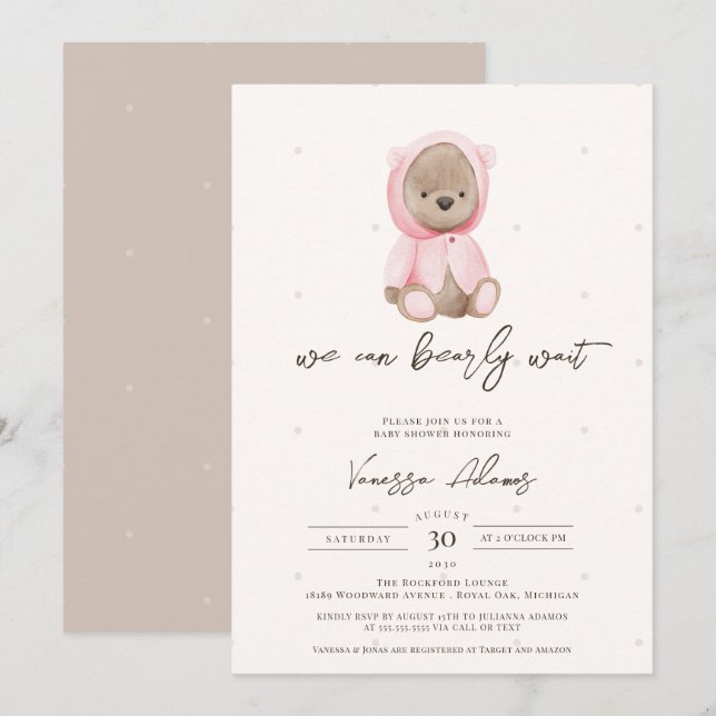 Vi kan knappt vänta, Rosa teddybjörn bebisfest Inbjudningar (Fram/baksida)