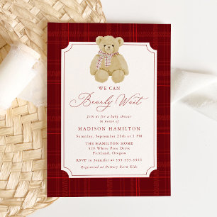 Vi kan knappt vänta Rutig nalle Baby Shower Inbjudningar