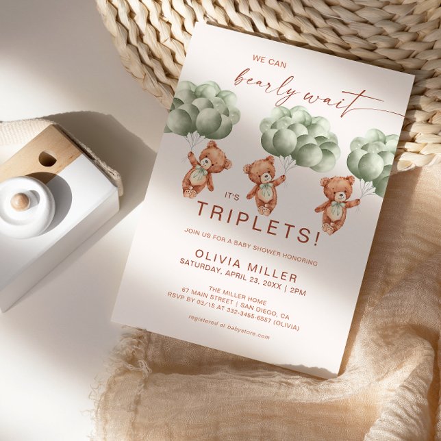 Vi kan knappt vänta Sage Green Triplet Baby Shower Inbjudningar (Skapare uppladdad)