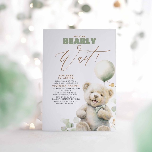 Vi kan knappt vänta - Söta nallebjörn Babykalas In Inbjudningar (Bear Themed Baby Shower Invitations in Green and Brown)