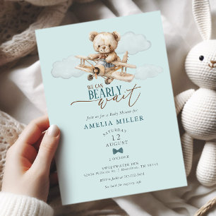 Vi kan knappt vänta Teddy Flygplan Blå Bebis Showe Inbjudningar