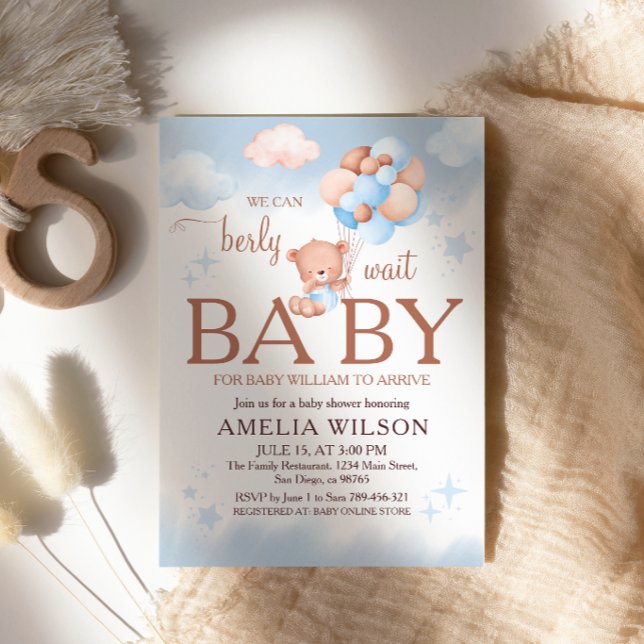 Vi Kan Knappt Vänta Teddybjörn Blå Bebis-fest Inbjudningar (Skapare uppladdad)