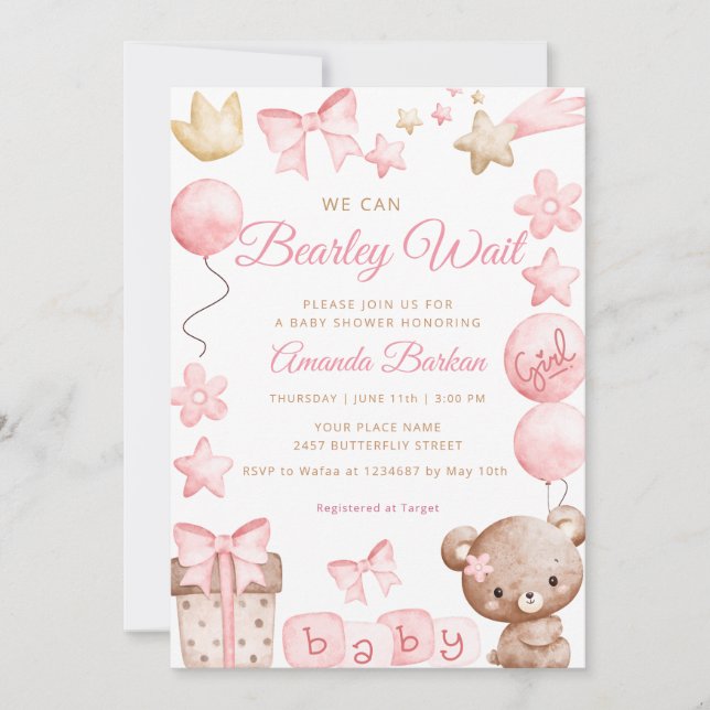 Vi kan knappt vänta Teddybjörn Flicka Bebis Dusche Inbjudningar (Framsida)