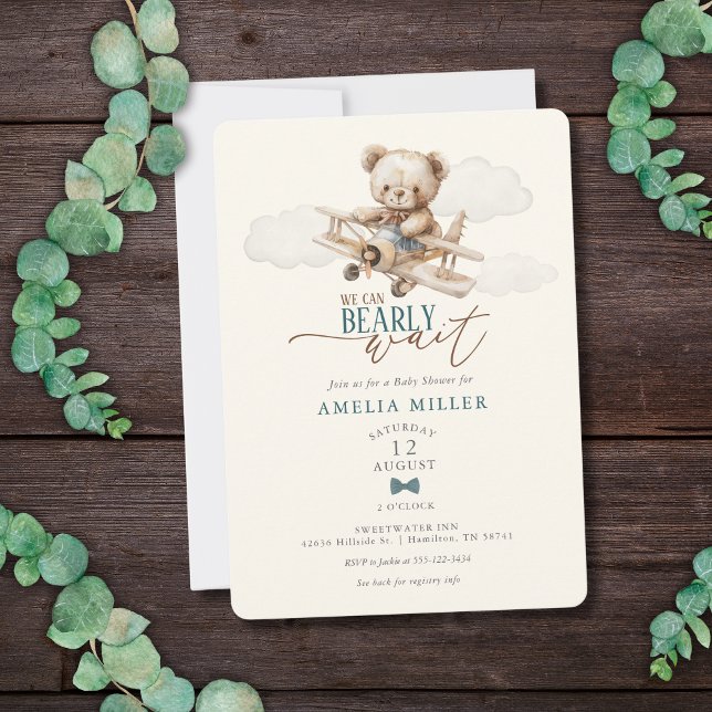 Vi kan knappt vänta Teddybjörn Flygplan Bebis-baby Inbjudningar (We Can Bearly Wait Teddy Bear Airplane Baby Shower Invitation)