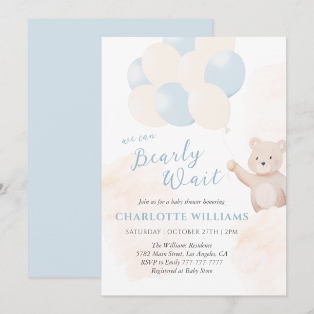 Vi kan knappt vänta | Teddybjörn Pojke Babyshower Inbjudningar (Fram/baksida)