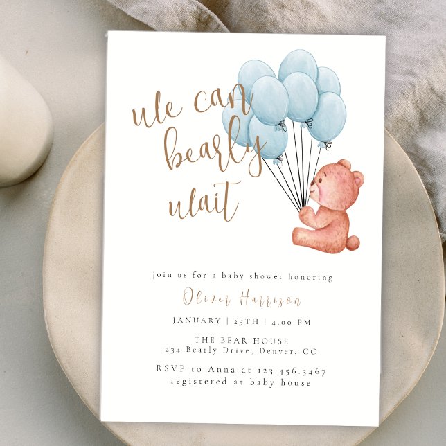 Vi kan snabbt vänta på Blue Ballon Baby Shower Inbjudningar (Cute We Can Bearly Wait Blue Balloon Baby Shower Invitation)