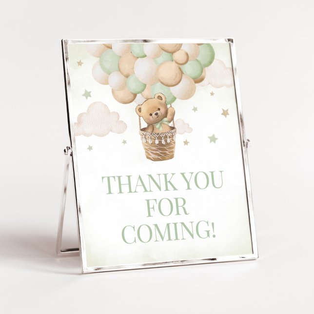 Vi kan tacka er för att ni kom poster (Boho Green Teddy Bear Baby Shower Thank you for Coming Sign)